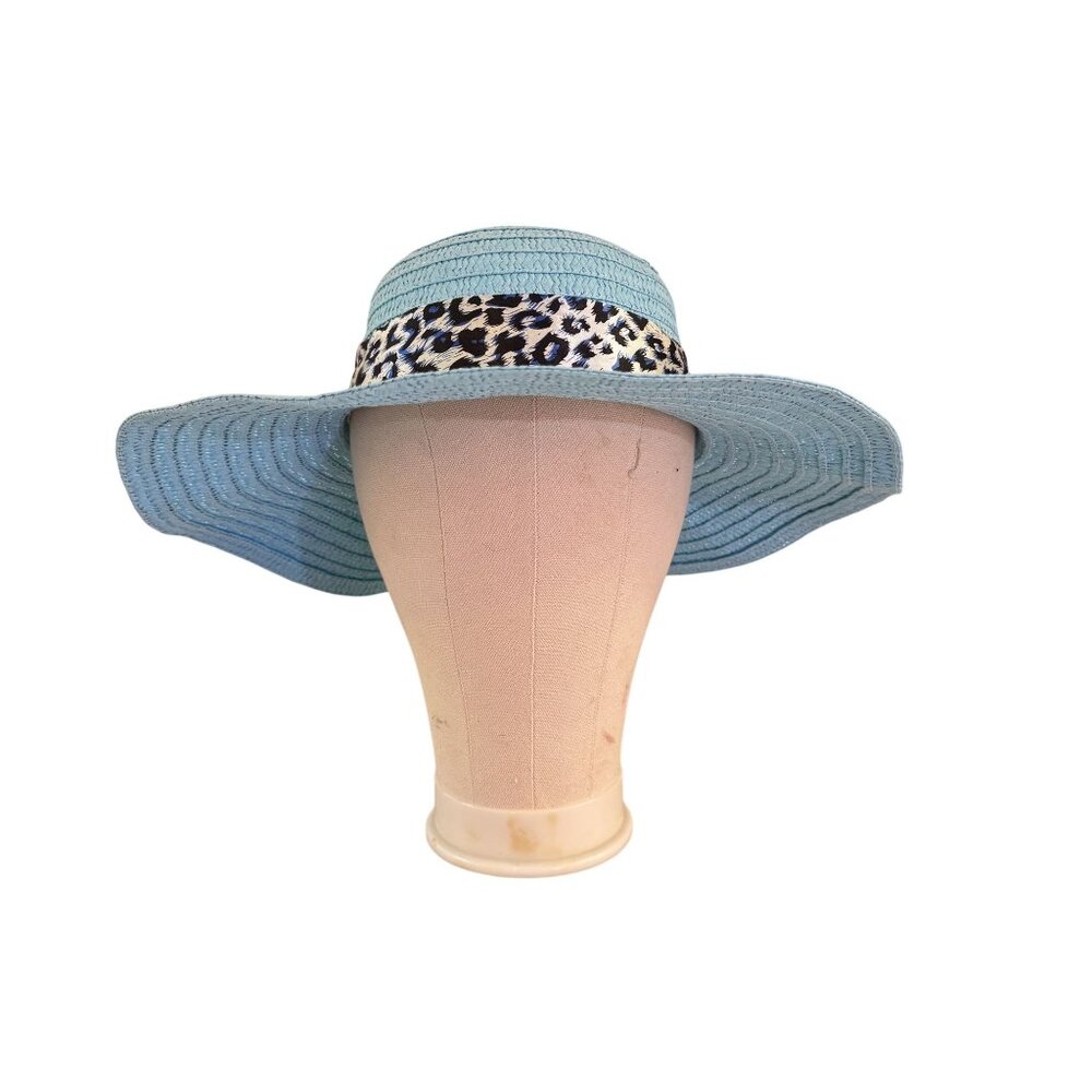 Womens Unbranded Light Blue Animal Print Tie Ribbon Synthetic Wide Straw Hat - Picture 1 of 8